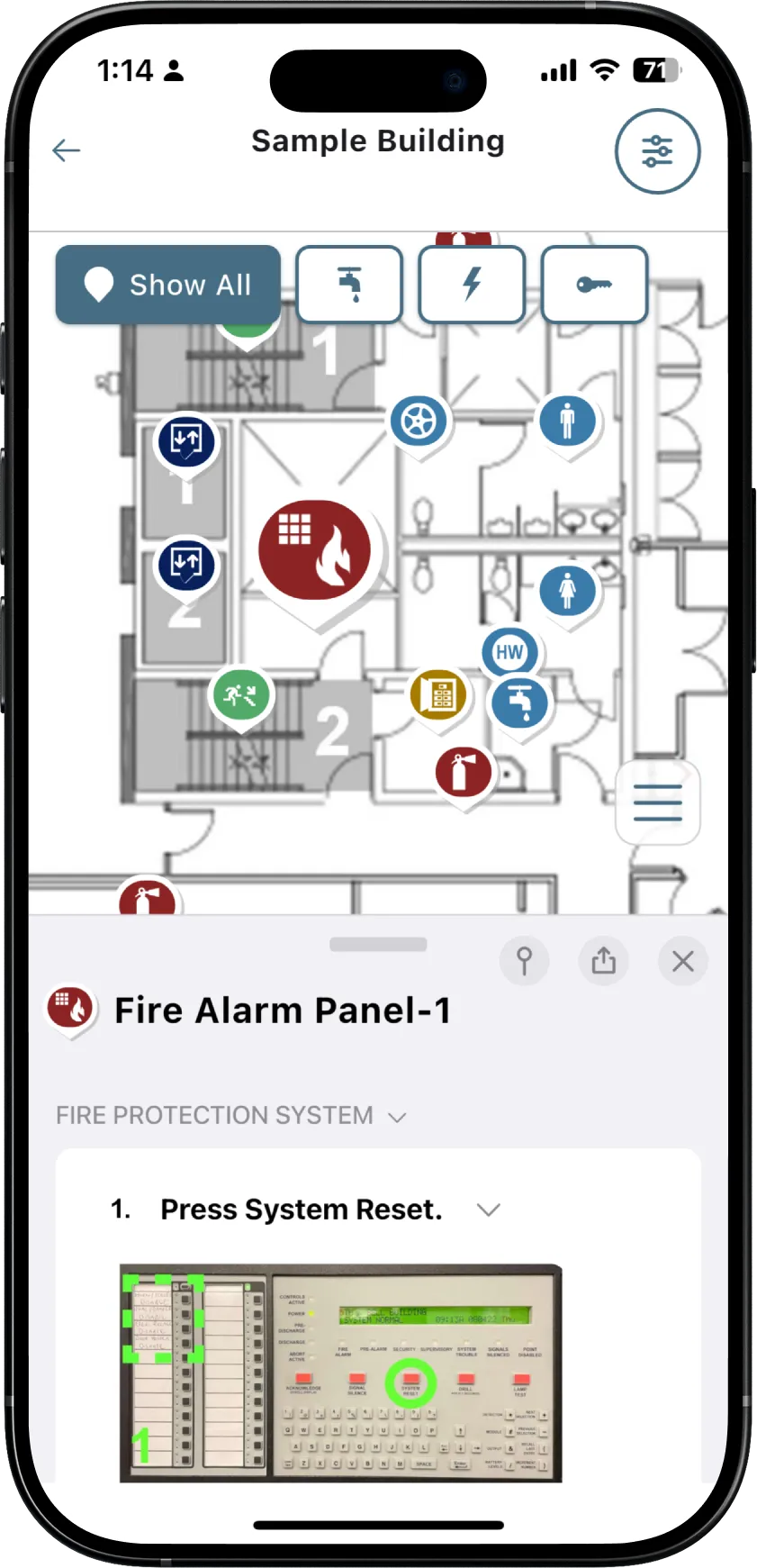 bholt interactive floor plan showing tagged equipment locations for building emergency response