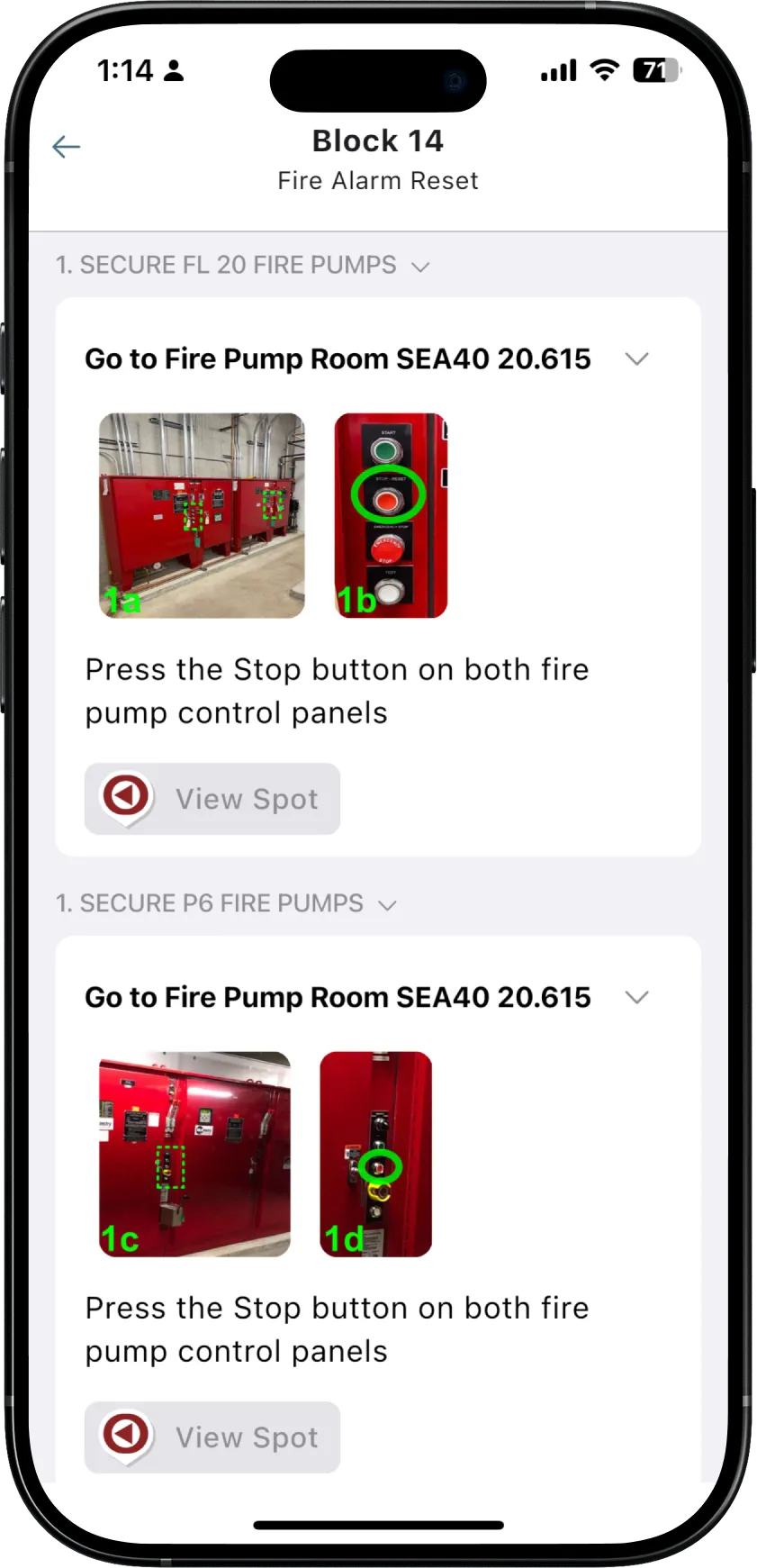 bholt emergency procedures screen showing step-by-step protocols and contact directory